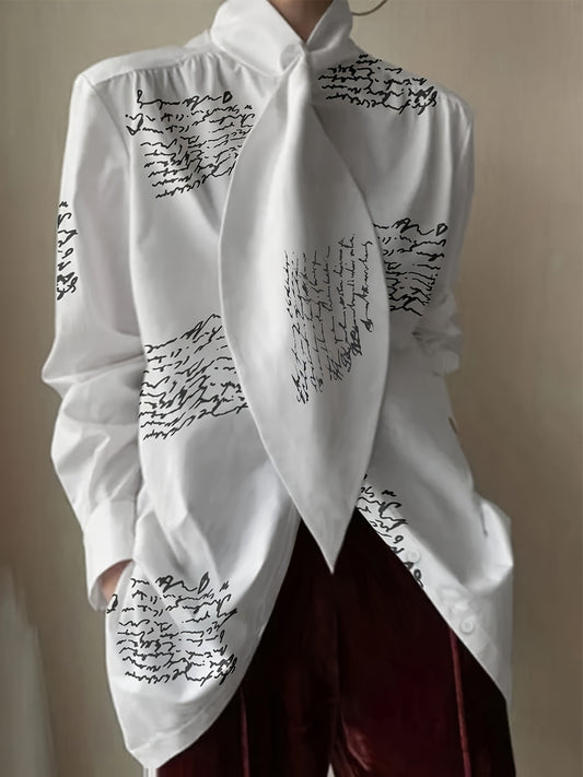 Guy & Dia Chic Polyester Long Sleeve Blouse for Women - Twist-Front, Stand Collar, Unique Letter Print - Perfect for Spring & Summer Fashion, Semiformal Attire