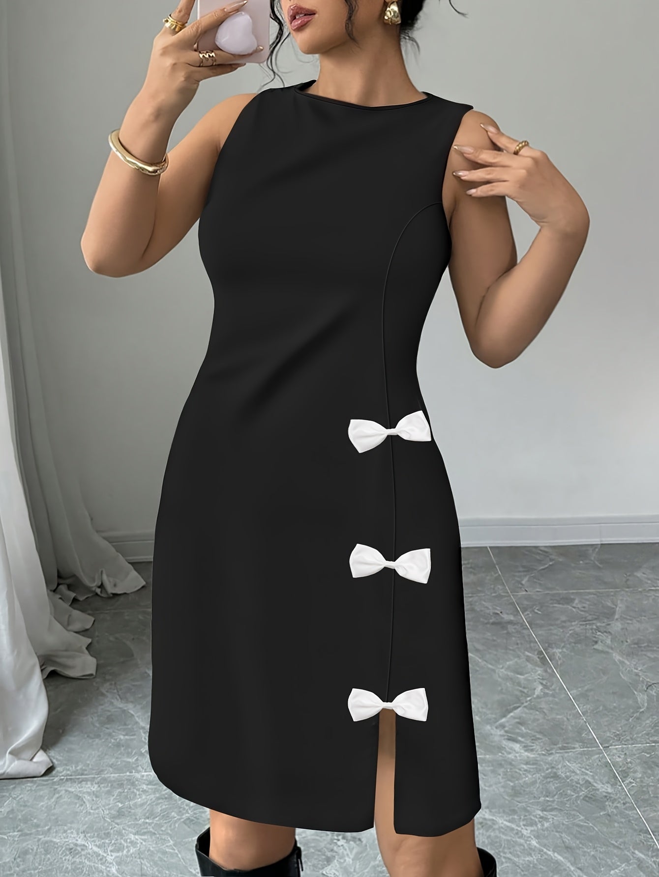 Guy & Dia Plus Size Women's Elegant Sleeveless Dress with Round Neck, Bow Embroidery, Side Slits, Invisible Zipper Closure - Perfect for any occasion!