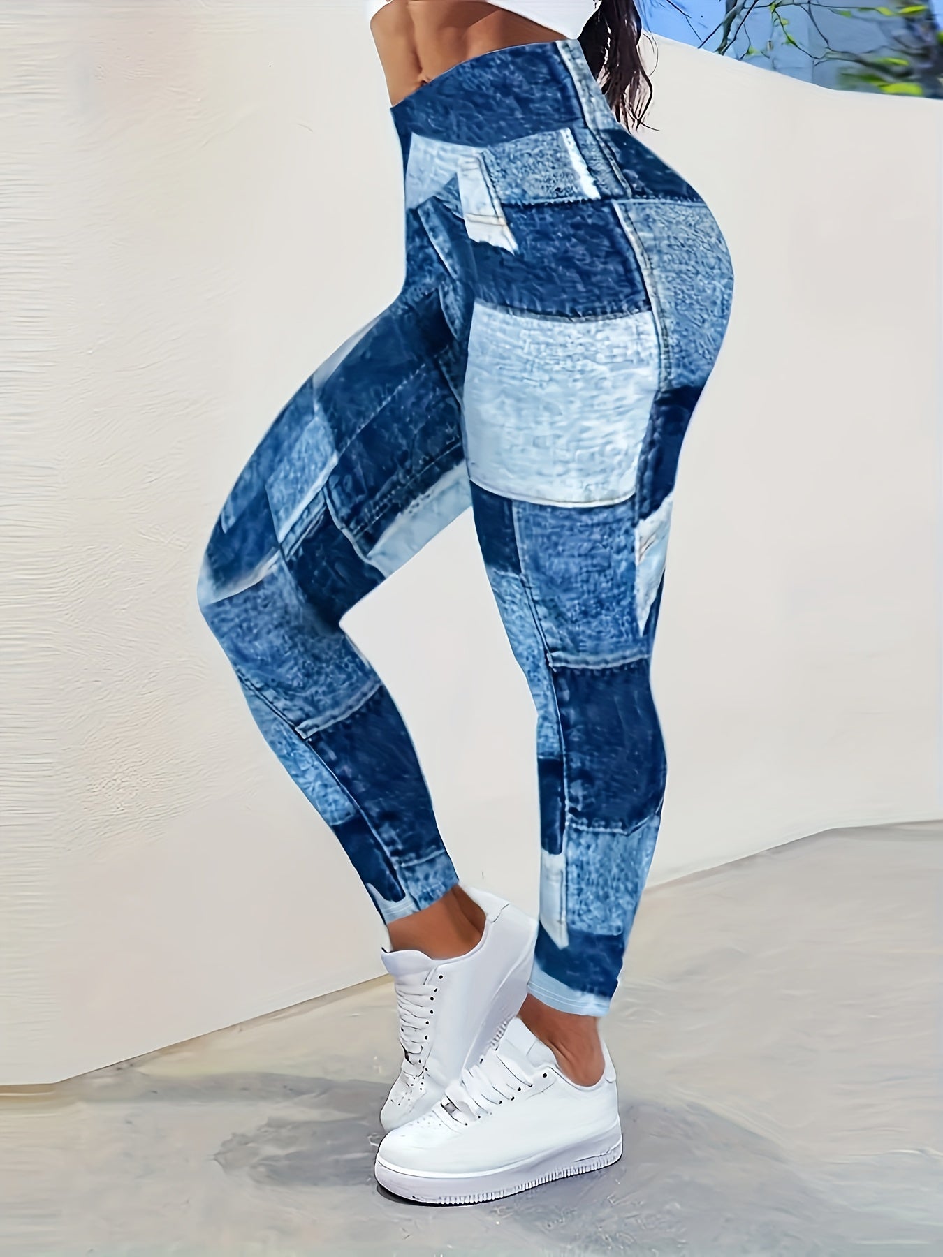 Guy & Dia Women'S Plus Size High-Waist Denim Print Leggings with Patchwork Design - Stretchy & Comfortable Fitness & Training Pants for All Seasons, Casual Wear|Highwaist Design|Stylish Jeans, Plus Size Pants