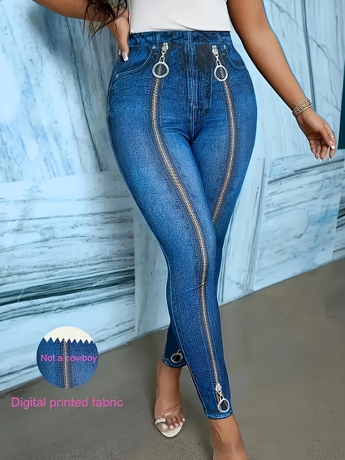 Guy & Dia [Denim Print/Imitation Denim] Plus Size Women's Slim-Fit Imitation Denim Leggings - Digital Print Cat-Ear Waist Design, Stretchy All-Season Machine Washable Pants for Casual & Formal Outfits, Stylish Layered Over Jeans, Flattering Silhouette