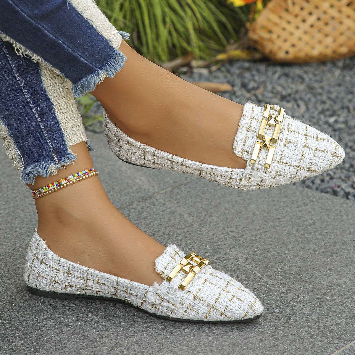 Guy & Dia Women'S Lightweight Slip-On Loafers - Soft Fabric Upper with Golden Buckle Straps, Pointed Toe, Comfortable Rubber Sole for Casual & Formal Wear, White, Ladies Shoes