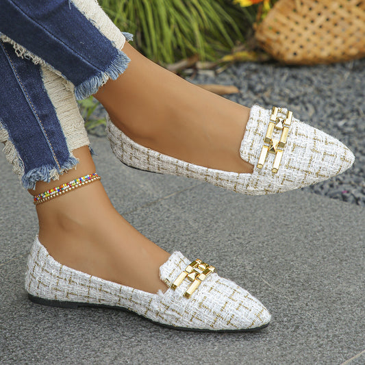 Guy & Dia Women'S Lightweight Slip-On Loafers - Soft Fabric Upper with Golden Buckle Straps, Pointed Toe, Comfortable Rubber Sole for Casual & Formal Wear, White, Ladies Shoes