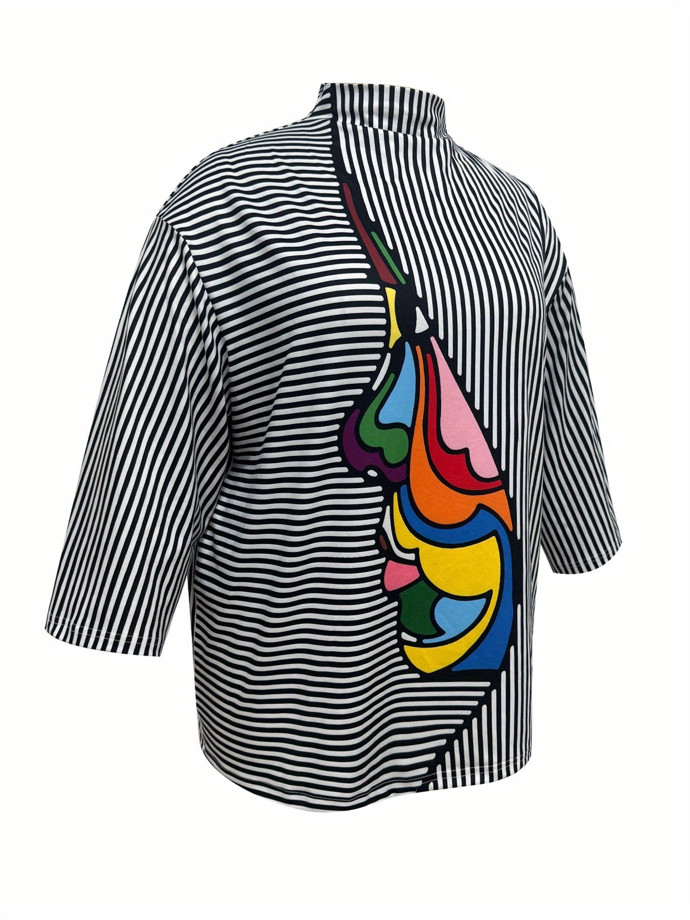 Guy & Dia Women's Casual Striped Long Sleeve Top with Semi-High Neck, Versatile for Summer - Plus Size