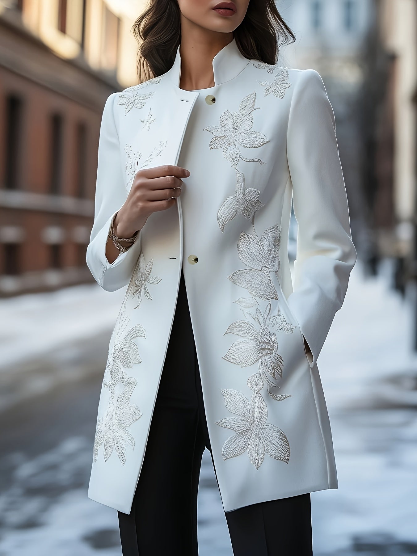 Guy & Dia Women's Elegant White Floral-Printed Coat with Stand Collar & Side Pockets - Long Sleeve H-Line Tailored Jacket, Golden-Toned Brocade Buttons, Machine Washable All-Season Outerwear for Casual & Formal Events, Structured Blazer for Women