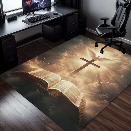 800g/m² Cross Above an Open Book HD Printed Carpet, Kitchen Rugs, Yoga Mat, Non-Slip Bathroom Mats, Absorbent Washable Polyester Rug for Bathroom, Living Room Entrance, Camping Picnic Rugs, Outdoor mat, Outdoor Rug