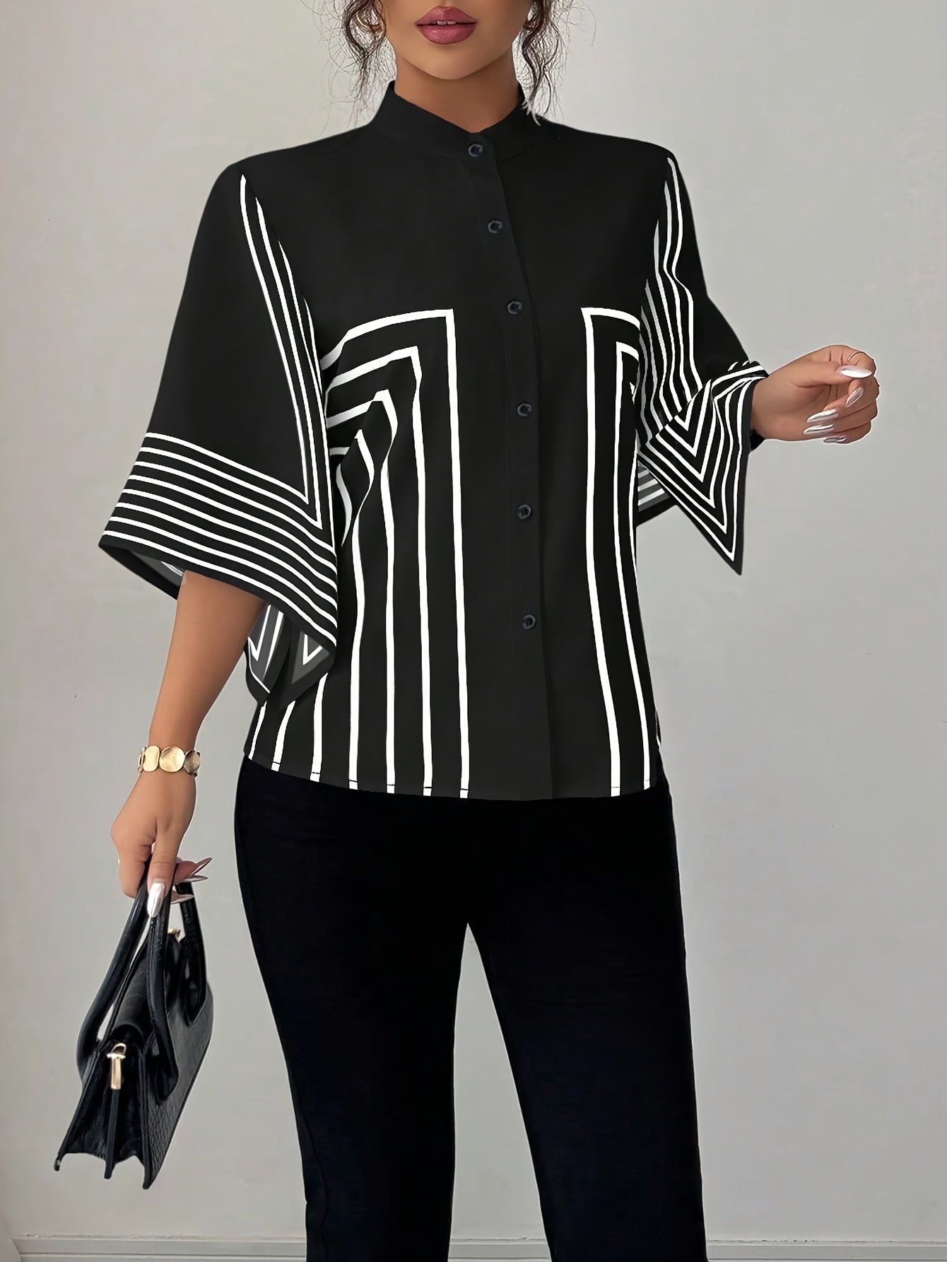 Guy & Dia Plus Size, Women's Oversized Geometric Pattern Collar Blouse - Structured Stand-Up Collar Longline Top with White/Black/Gray/Beige/ Brown, Button Front Closure, Machine Washable Casual to Formal Shirt for Spring/Fall Everyday & Formal Wear