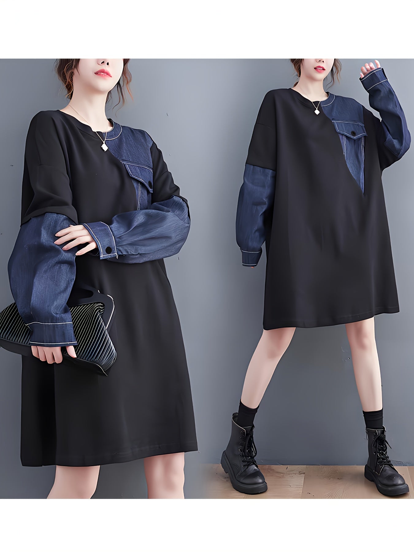 Guy & Dia Plus Size Women's Oversized Denim-like Jumpsuit Dress | Asymmetrical Hem & Contrast Sleeve, Round Neck Long Sleeve, All-Season Elegant Casual to Formal Outfit, Machine Washable Trousersuit in Black & Blue - Solid Color with Con