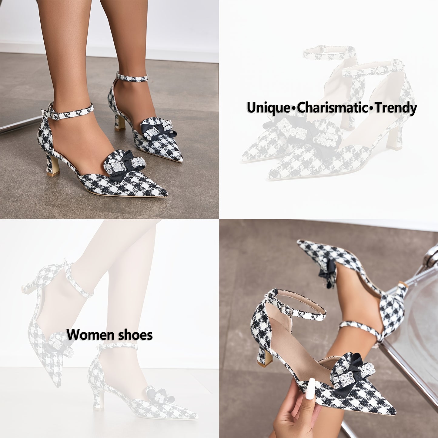 Guy & Dia Women's Houndstooth Pointed-Toe Pumps with Rhinestone Bow, Mid-Heel Dress Shoes for All Seasons, Black & White Pattern, Faux Cover Strap Design