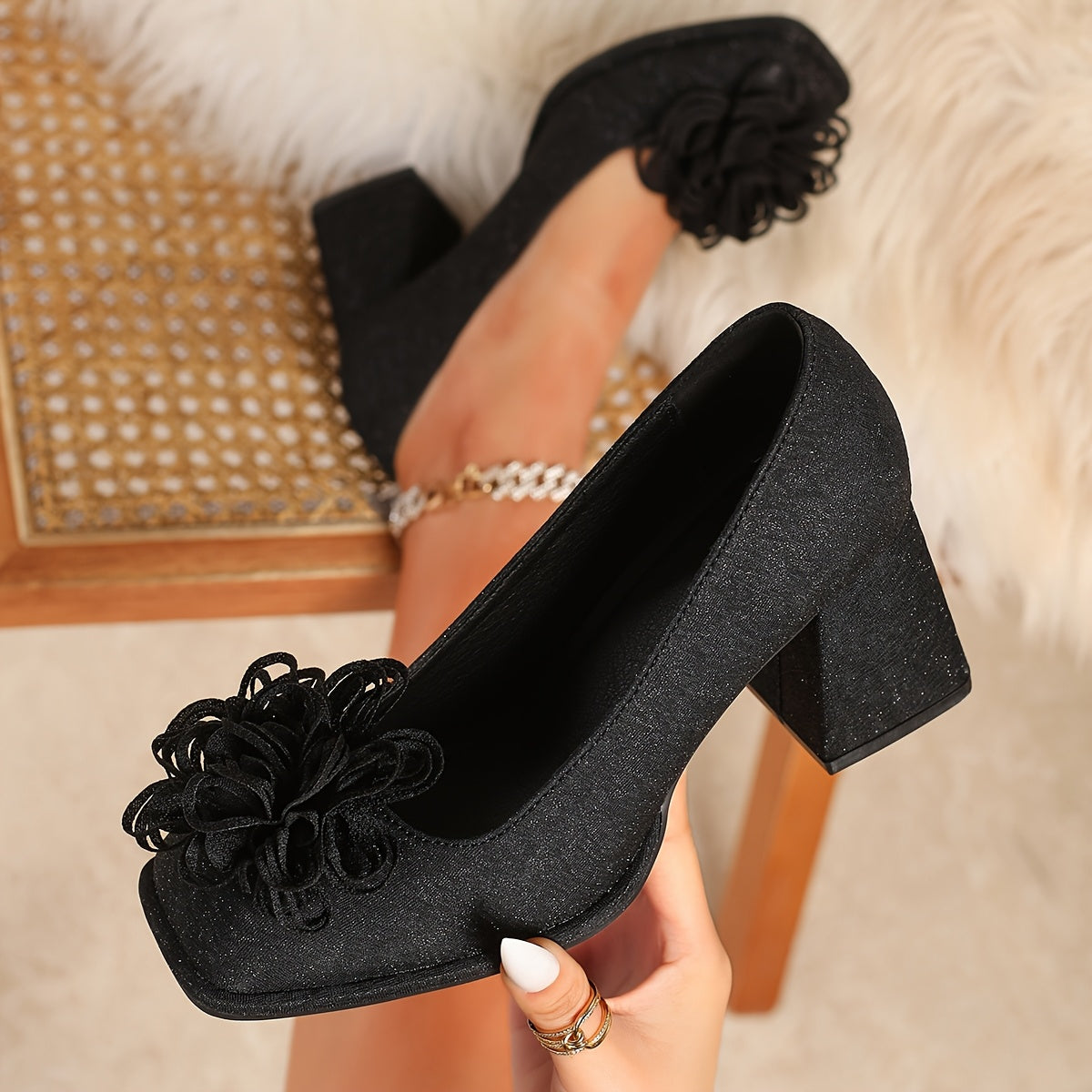 Guy & Dia Comfortable Black Lace-Up High Heels | Women's Block Heel, Breathable Fabric Upper with Glittery Detail, All-Season Mary Jane Style Pumps for Work & Casual Wear, Elegant Stilettos