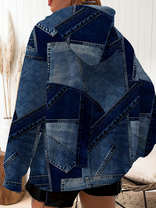 Guy & Dia Women's Plus Size Casual Zip-Up Hoodie - 100% Polyester, Lightweight & Comfortable, Denim Print Pattern, Loose Fit, Spring/Summer/Fall Top, Casual Wear Hoodie | Denim Print Hoodie | Zippered Hoodie