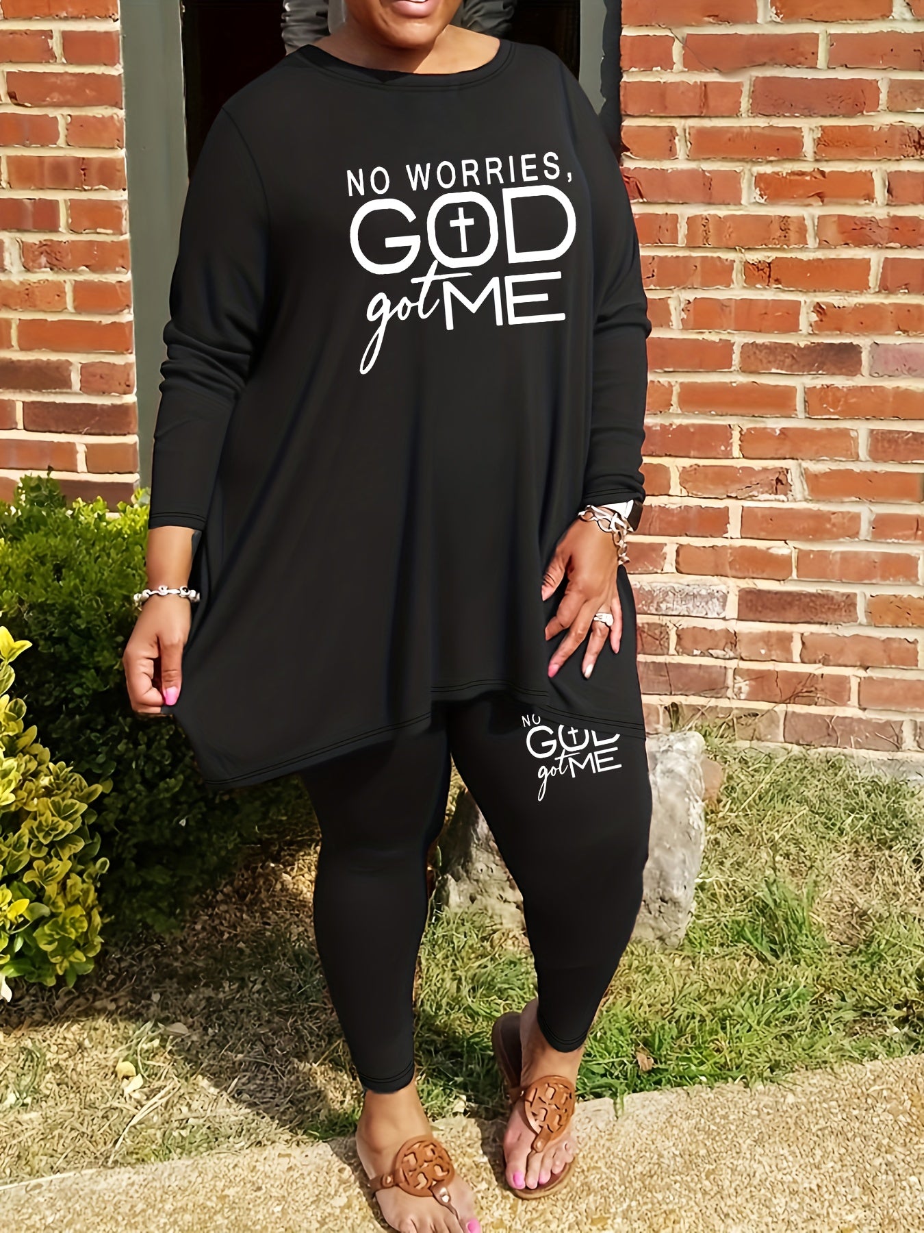 Guy & Dia Plus Size Casual Letter Print Pants Set, Crew Neck Long Sleeve Top & Pants Outfits | Women's Plus Size Clothing