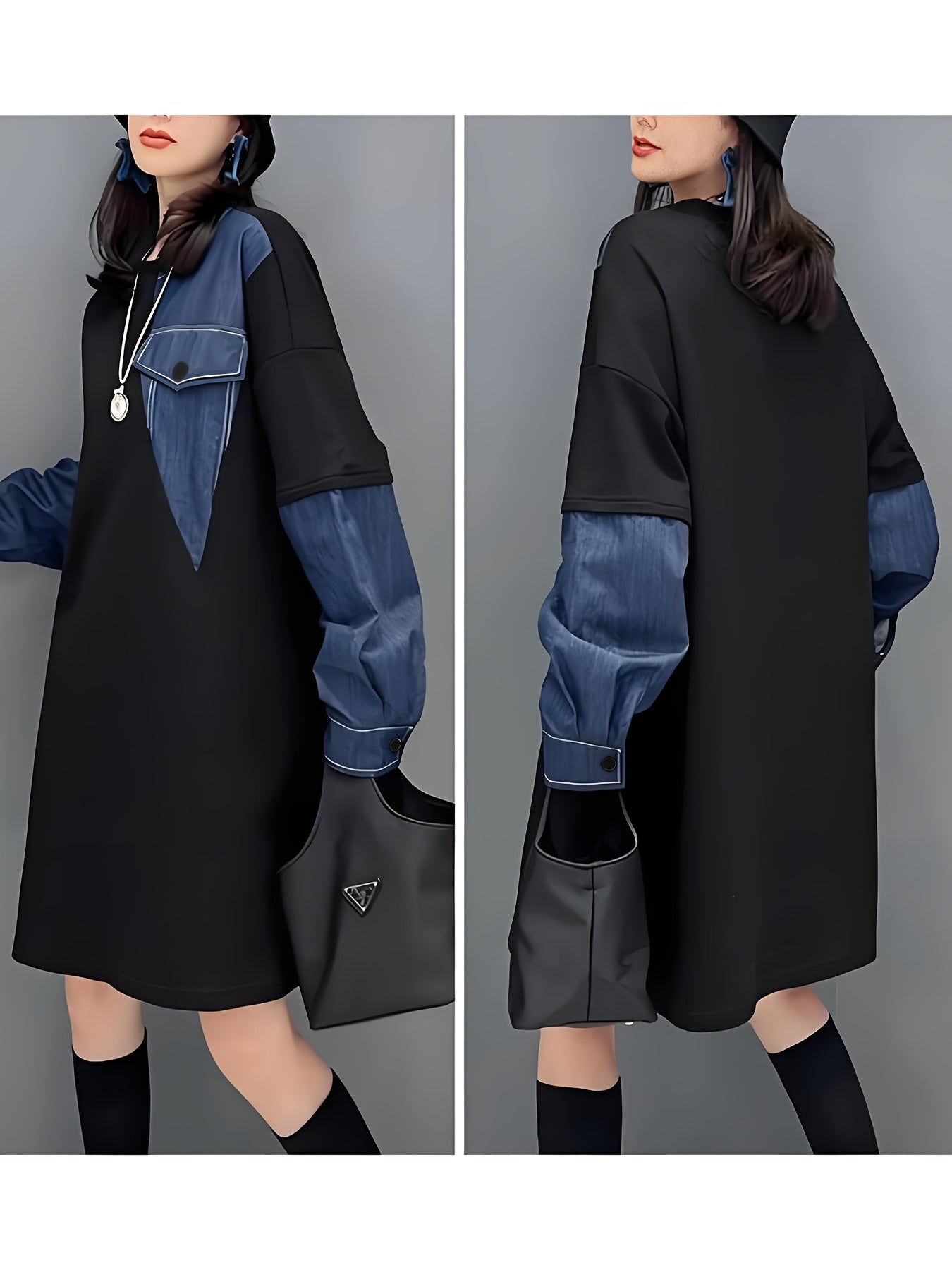 Guy & Dia Plus Size Women's Oversized Denim-like Jumpsuit Dress | Asymmetrical Hem & Contrast Sleeve, Round Neck Long Sleeve, All-Season Elegant Casual to Formal Outfit, Machine Washable Trousersuit in Black & Blue - Solid Color with Con