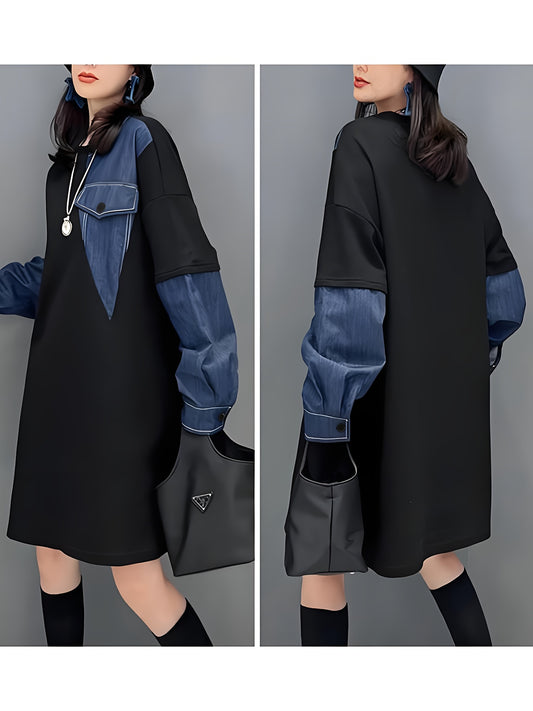 Guy & Dia Plus Size Women's Oversized Denim-like Jumpsuit Dress | Asymmetrical Hem & Contrast Sleeve, Round Neck Long Sleeve, All-Season Elegant Casual to Formal Outfit, Machine Washable Trousersuit in Black & Blue - Solid Color with Con