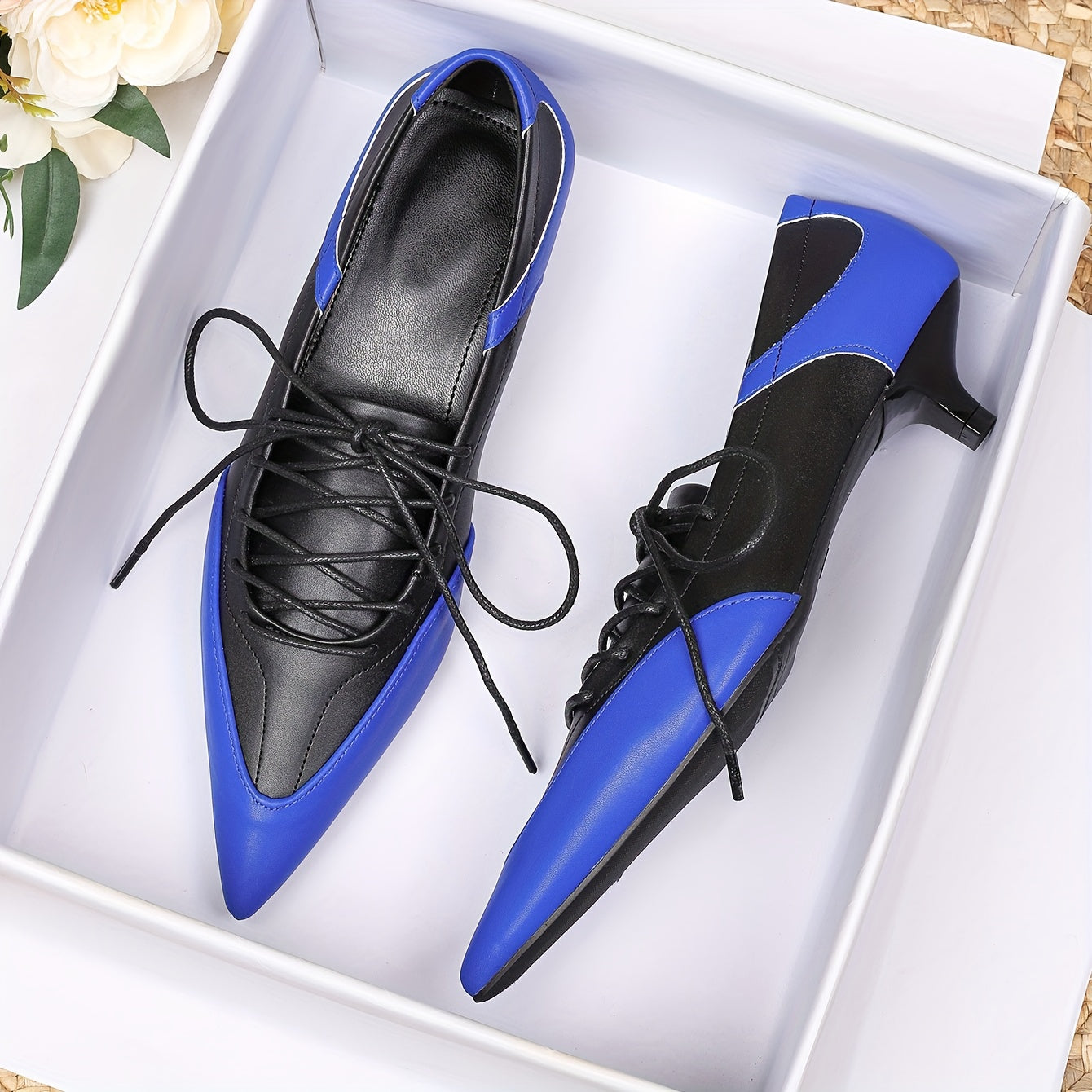 Guy & Dia Women's Pointed-Toe Low-Heel Sharp Mule Shoes - Elegant Glossy Blue & Black Synthetic Cover Faux Cover Upper, Comfortable Round Lining & Arch Support - All-Season Versatile Dress Shoes for Work, Office, Formal Events - EU 41-43 (US Women's 8-10)