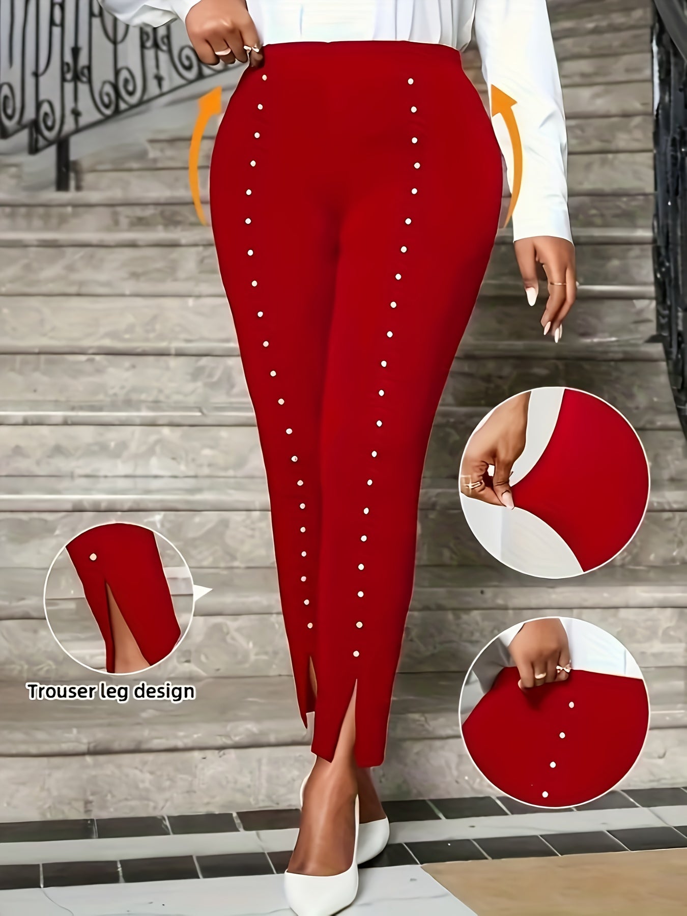 Guy & Dia Women's Elegant Pearl-Embellished Side Slit Tight-Fit Capri Pants - Solid Black Stretchy Mid-Stretch Fabric for Spring Summer Fall Casual Outings, Seasonal Fashion Wear | Highelasticity Fabric, Cute Pants