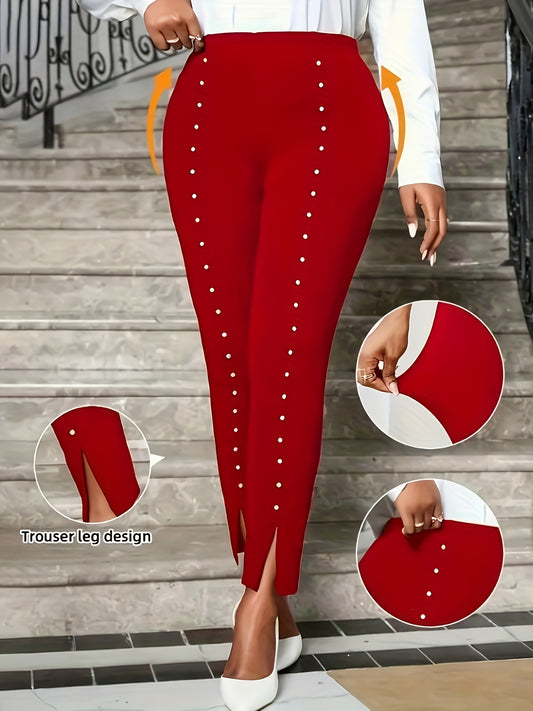 Guy & Dia Women's Elegant Pearl-Embellished Side Slit Tight-Fit Capri Pants - Solid Black Stretchy Mid-Stretch Fabric for Spring Summer Fall Casual Outings, Seasonal Fashion Wear | Highelasticity Fabric, Cute Pants