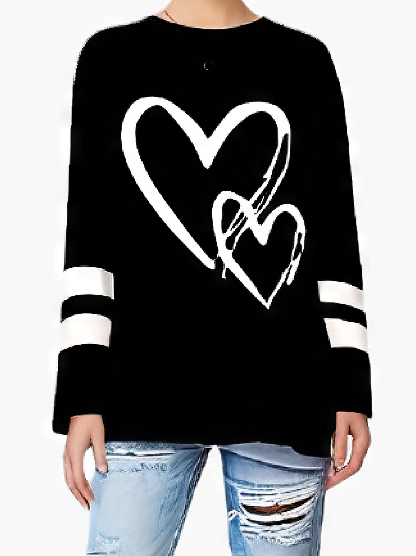 Guy & Dia Plus Size Long Sleeve Elegant Loose-Fit Heart Print Casual T-Shirt For Women, Polyester And Spandex Blend, Machine Washable