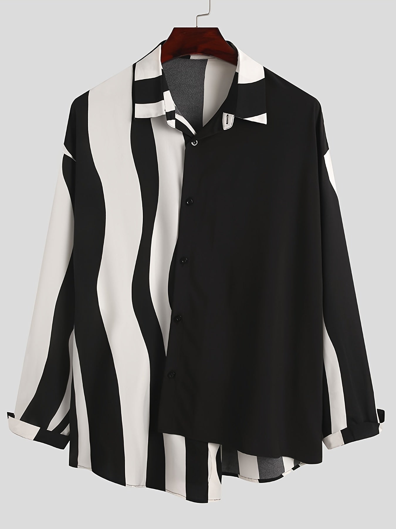 Guy & Dia Men'S Casual Long Sleeve Chemise Shirt, Patchwork Striped Design, 100% Polyester, Non-Stretch Fabric, Regular Fit, Lapel Collar, Irregular Buttons, Spring Season, Sizes S-5XL, Plus Size