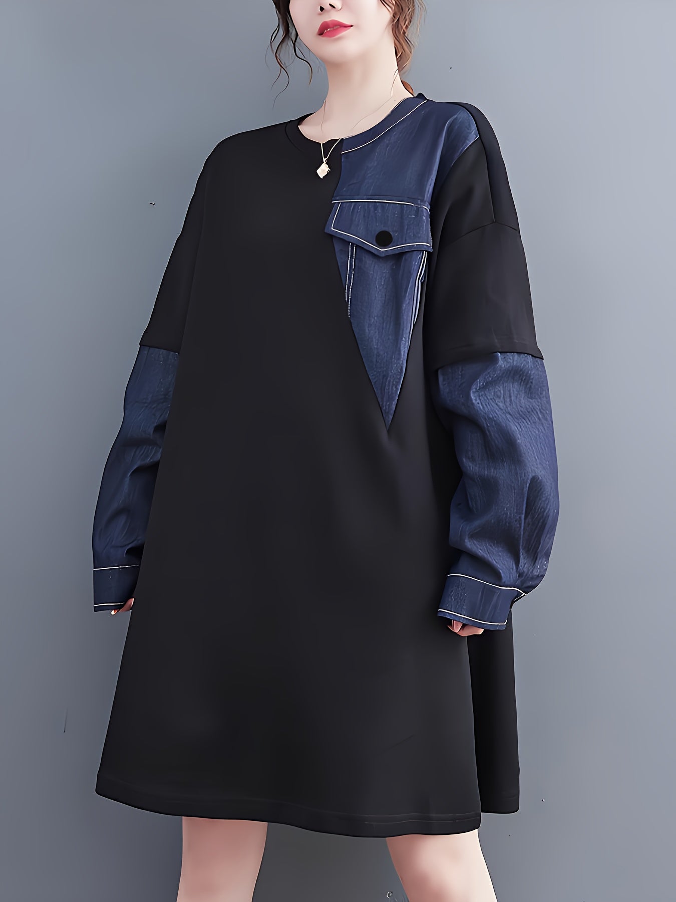 Guy & Dia Plus Size Women's Oversized Denim-like Jumpsuit Dress | Asymmetrical Hem & Contrast Sleeve, Round Neck Long Sleeve, All-Season Elegant Casual to Formal Outfit, Machine Washable Trousersuit in Black & Blue - Solid Color with Con