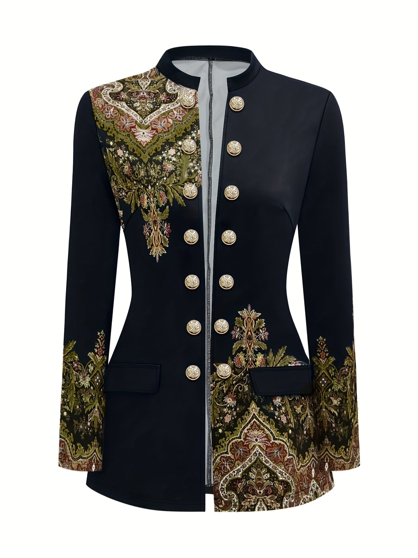 Guy & Dia Plus Size - Plus Size - Plus Size Women'S Elegant Floral Print Double-Breasted Jacket - Slim Fit Waist-Cinching Blazer with Golden Buttons, Long Sleeves, and Side Pockets, Black with Vibrant Floral Design, All-Season Versatile Outerwear, Flor