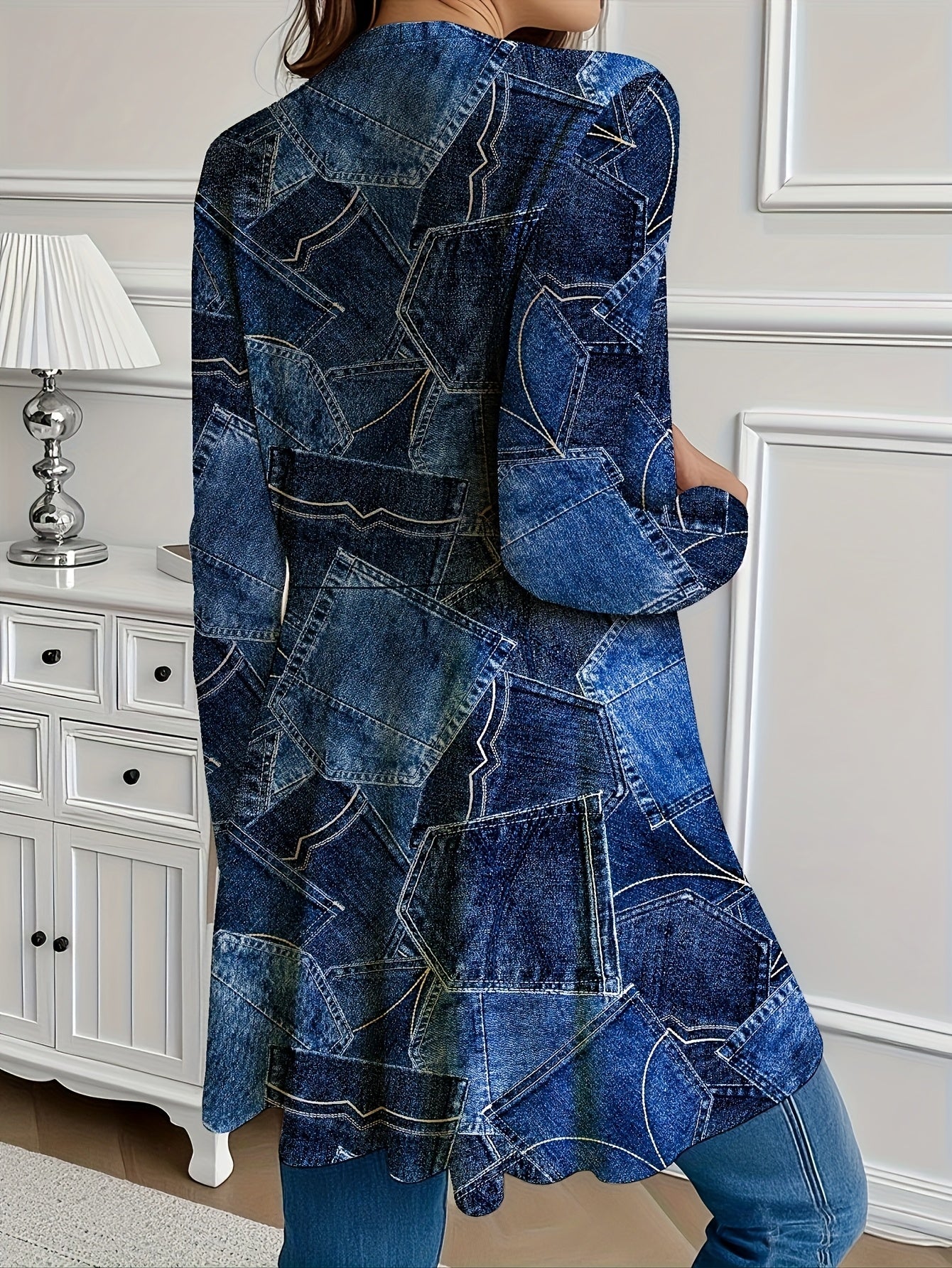 Guy & Dia Plus Size - Women'S Plus-Size Faux Denim Printed Long-Sleeve Jacket with Faux Denim Patchwork.