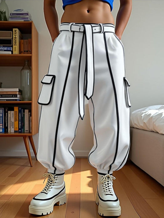 Guy & Dia INCERUN Men'S Streetwear Pants - Elastic Waist Lace-Up Baggy Trousers with Adjustable Drawstring, Lightweight Non-Stretch Fabric, White & Black Color Block Design for Urban Fashion, Concerts, Festivals - Casual Outfit Essentials, Concert Attire