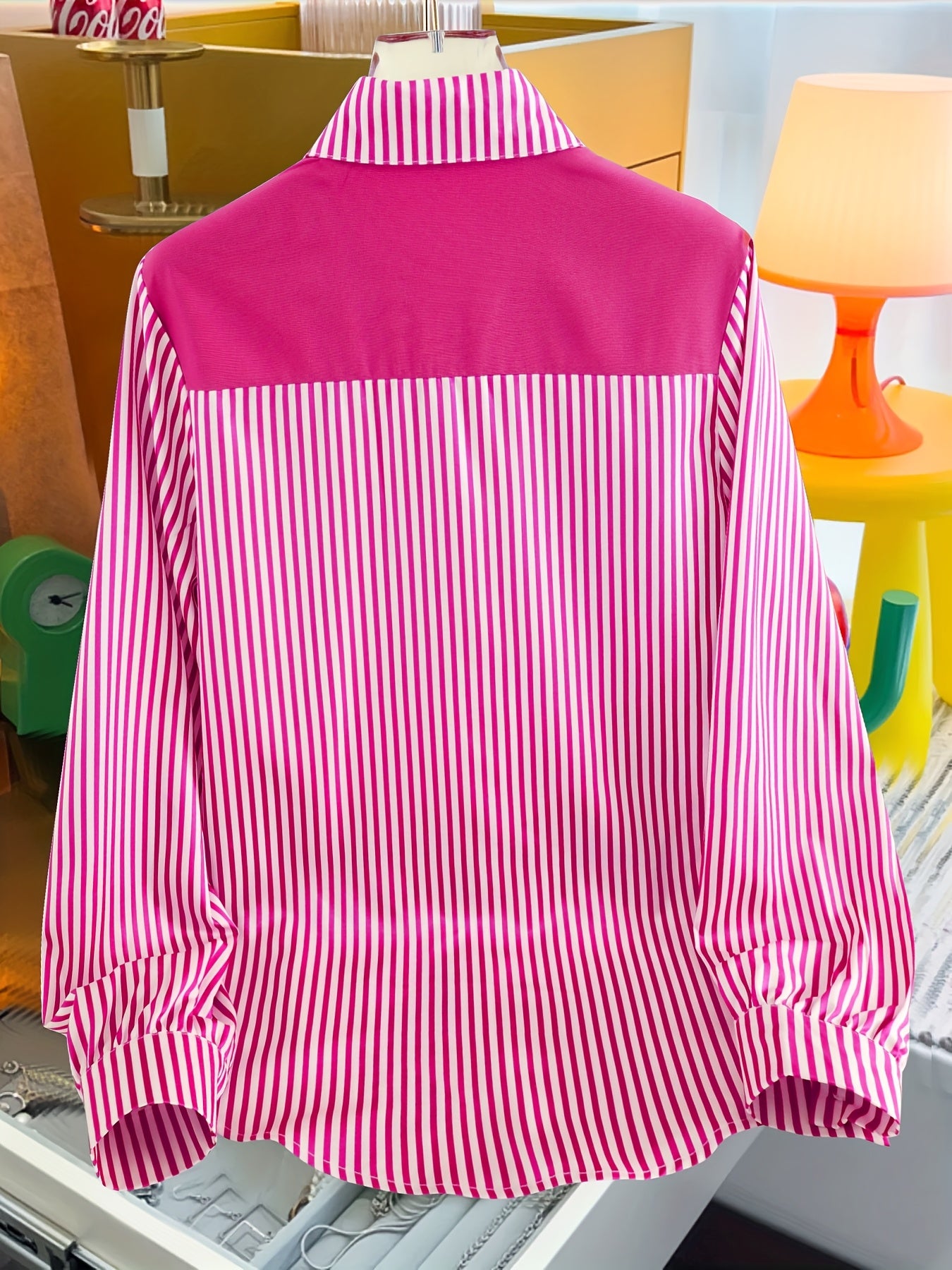 Guy & Dia [Elegant Striped Shirt] Plus Size Women's Elegant Striped Shirt | Long Sleeve Button-Up with Tie Neck, Black & White Vertical Stripes, Non-Stretch Fabric, Versatile for Casual or Dressy Outfits - Classic Striped Design, Ladies Blouses