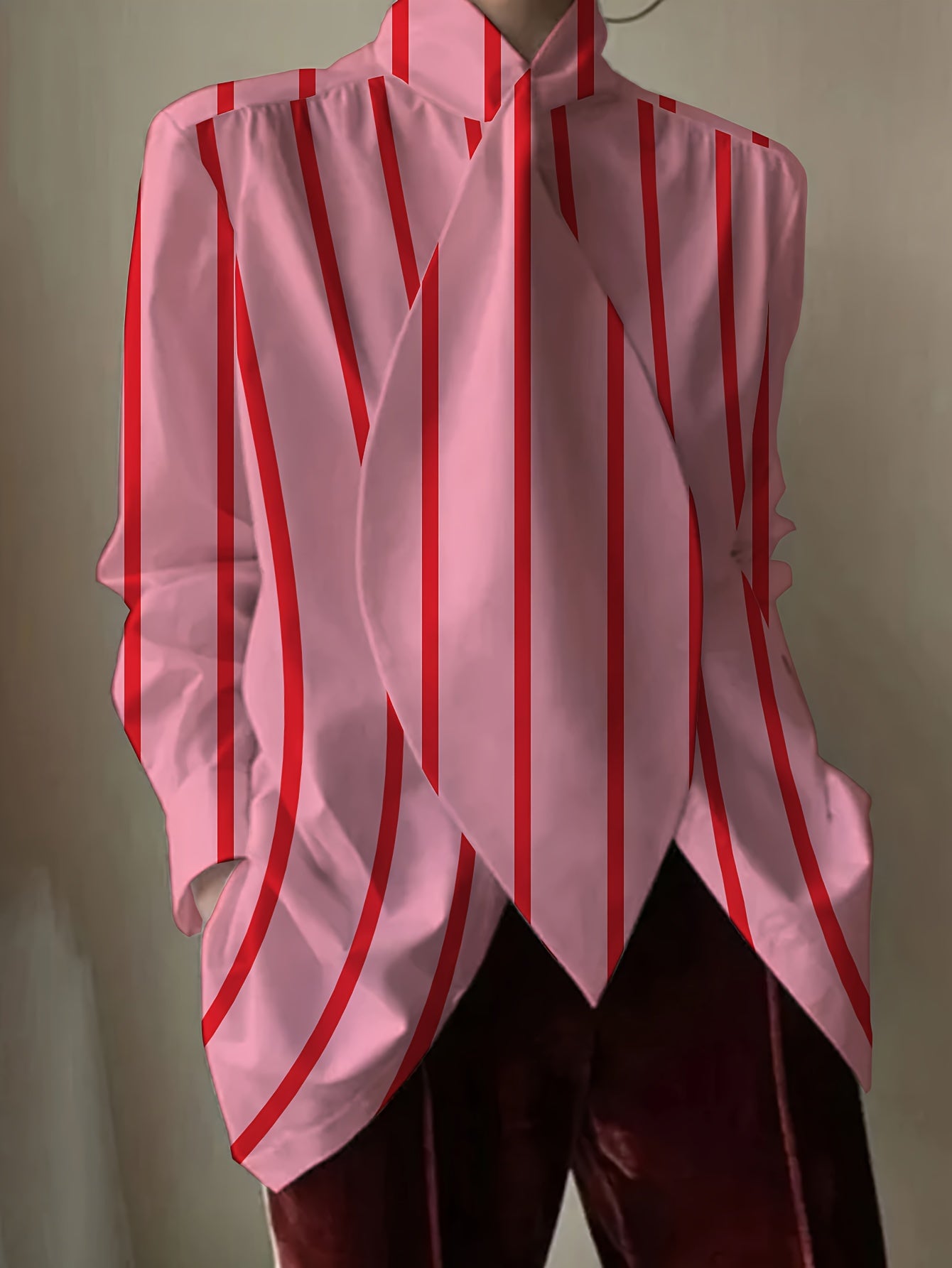 Guy & Dia Plus Size Women's Elegant Blouse - Long Sleeve Shirt with Big Collar, Non-Stretch Office & Formal Wear, All Season Professional Blouse for Women in Pink & Red Horizontal Stripes - Formal Events & Work Wear