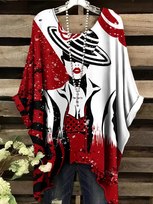 Guy & Dia Women's Plus Size T-Shirt - Bold Red & Black Retro Pin-Up Graphic Tee, Casual Everyday & Formal Outfits - Machine Washable Plus Size Top for Women