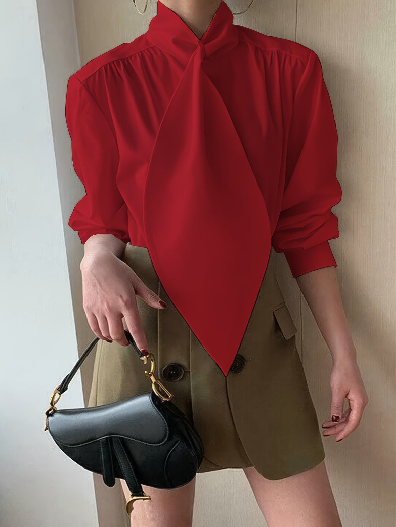 Guy & Dia Women's Elegant Long-Sleeved Blouse with Decorative Collar Bow - Semi-Sheer, Solid-Color Office and Casual Shirt, Hand Wash Only. A versatile, all-season top with non-stretch fabric