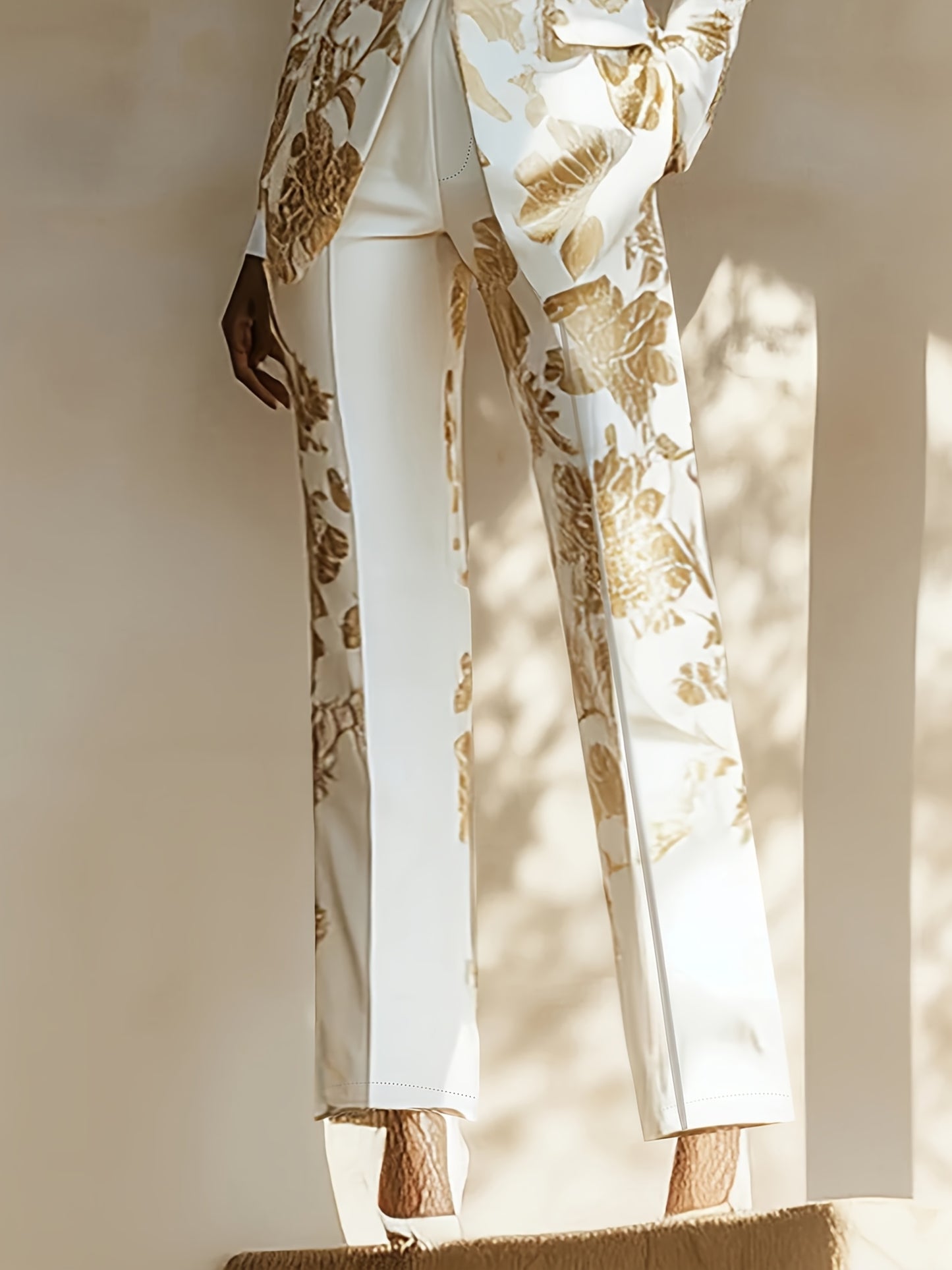 Guy & Dia Women's Luxurious Satin Trousers - Elegant White & Golden Floral Print Wide-Leg Pants with Built-In Zipper, Smooth Full-Length Formal/Office/Wedding Wear, Pockets - Hand Washable Non-Stretch Tailored Suit (No Belt), Formal Pants For Women