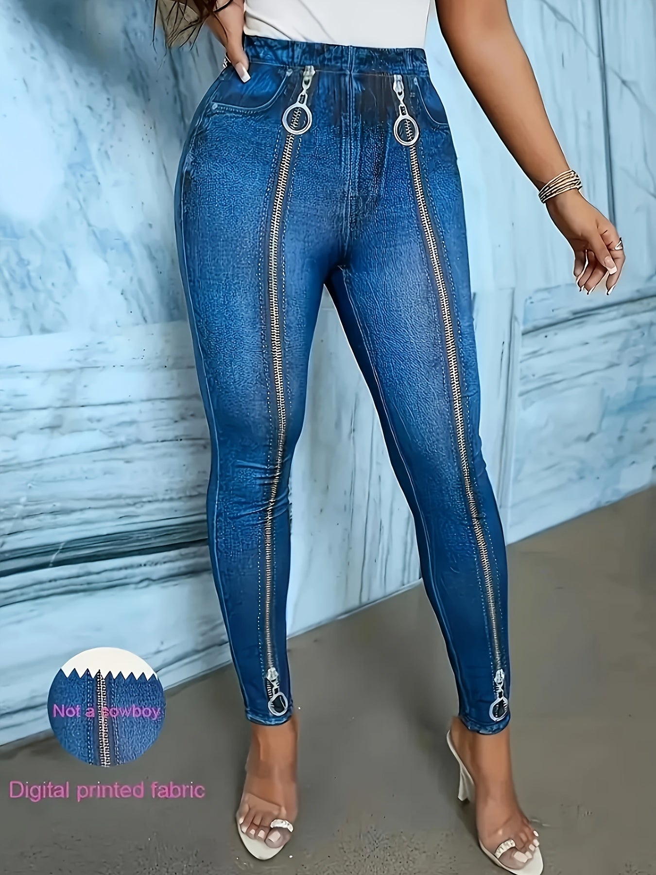 Guy & Dia [Denim Print/Imitation Denim] Plus Size Women's Slim-Fit Imitation Denim Leggings - Digital Print Cat-Ear Waist Design, Stretchy All-Season Machine Washable Pants for Casual & Formal Outfits, Stylish Layered Over Jeans, Flattering Silhouette