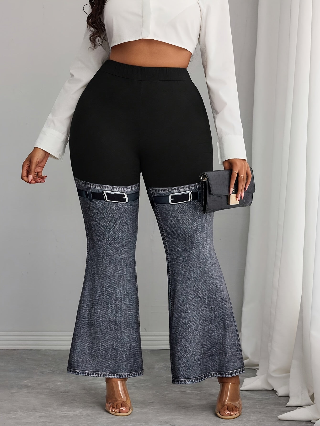 Guy & Dia Western-Inspired Plus Size Women's Imitation Denim Flared Pants | Stretchy Comfort Fit, Machine Washable for Spring Summer Fall Casual & Semi-Formal Outfits, Formal Attire, Flattering Silhouette, Authentic Look