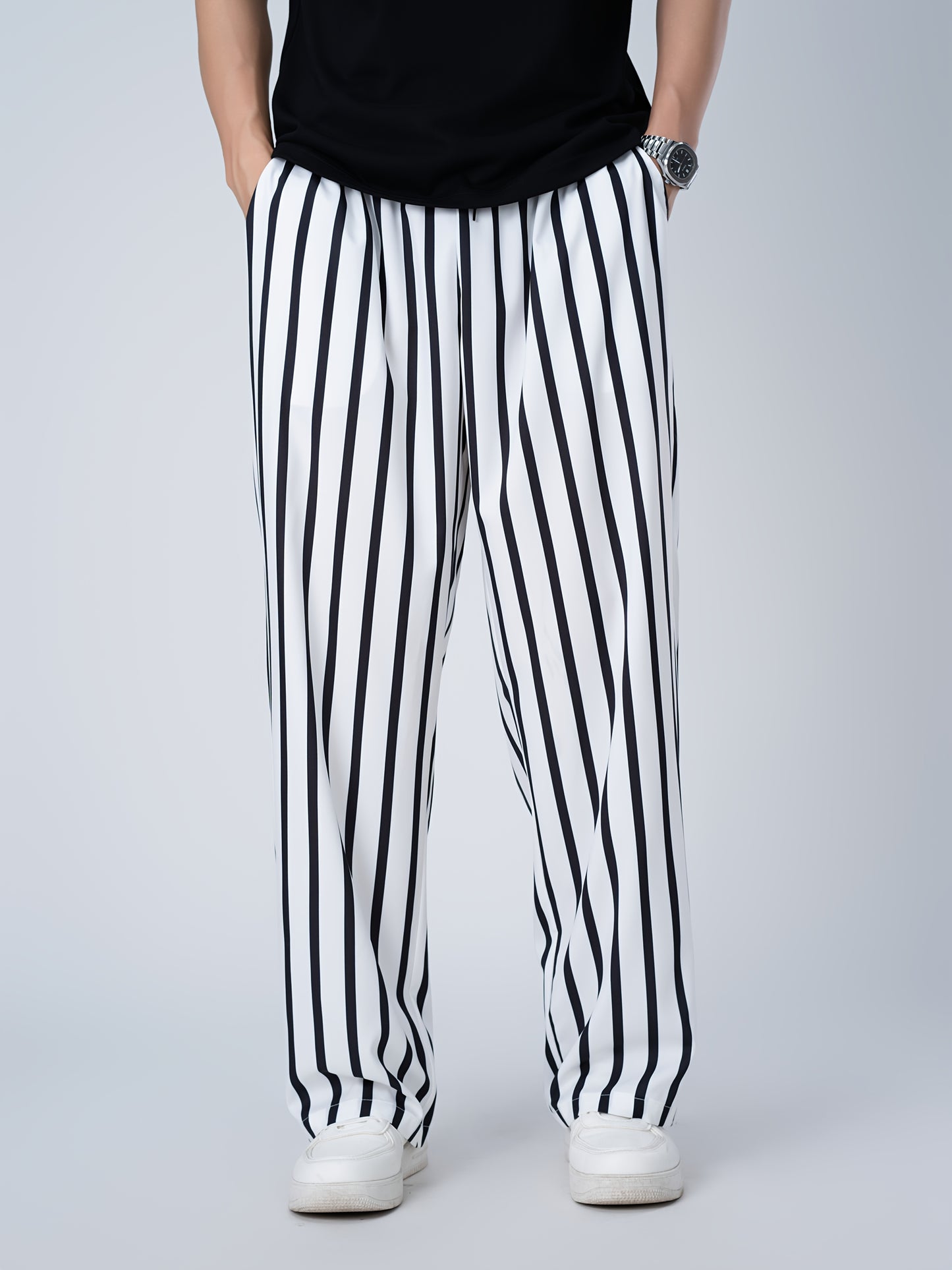 Guy & Dia Plus Size Men's Loose Fit Joggers with Black & White Stripes - Elastic Waistband Casual Sportswear Pants, Machine Washable Non-Stretch Fabric for Gym, Lounge & Casual Attire, Jogging Pants, Gym Apparel, Nontransparent Material