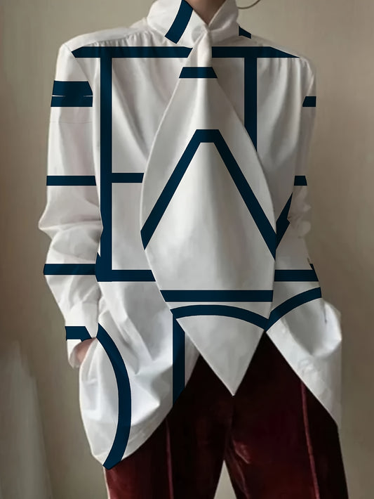 Guy & Dia Plus Size, Plus Size Women's Elegant White Oversized Long Sleeve Blouse with Black & Navy Blue Geometric Bow Tie Collar - Semi-Sheer Stand Collar Shirt, All-Season Versatile Top for Casual & Formal Wear (Hand Washable)