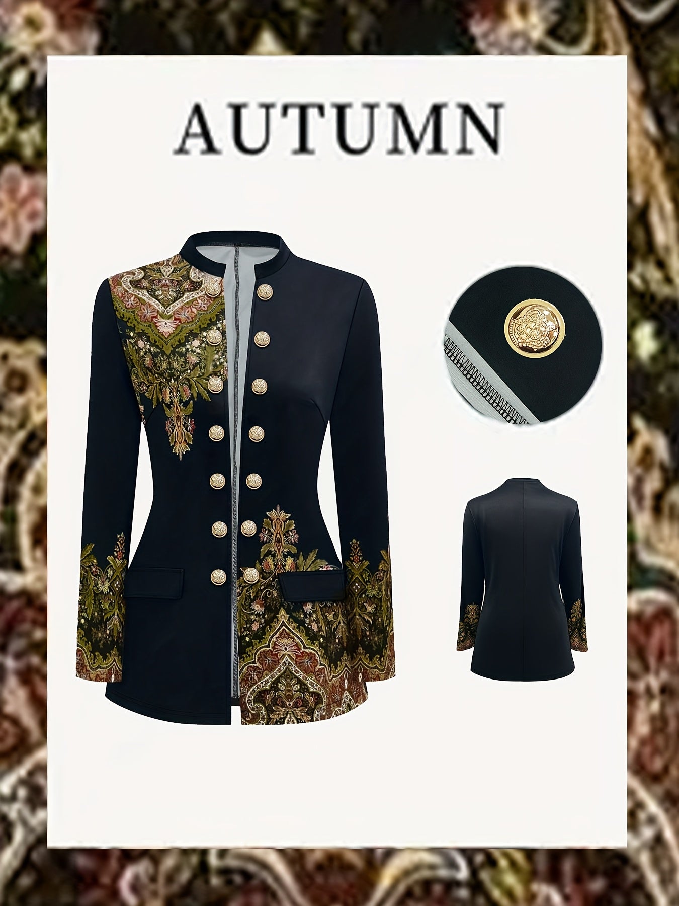 Guy & Dia Plus Size - Plus Size - Plus Size Women'S Elegant Floral Print Double-Breasted Jacket - Slim Fit Waist-Cinching Blazer with Golden Buttons, Long Sleeves, and Side Pockets, Black with Vibrant Floral Design, All-Season Versatile Outerwear, Flor