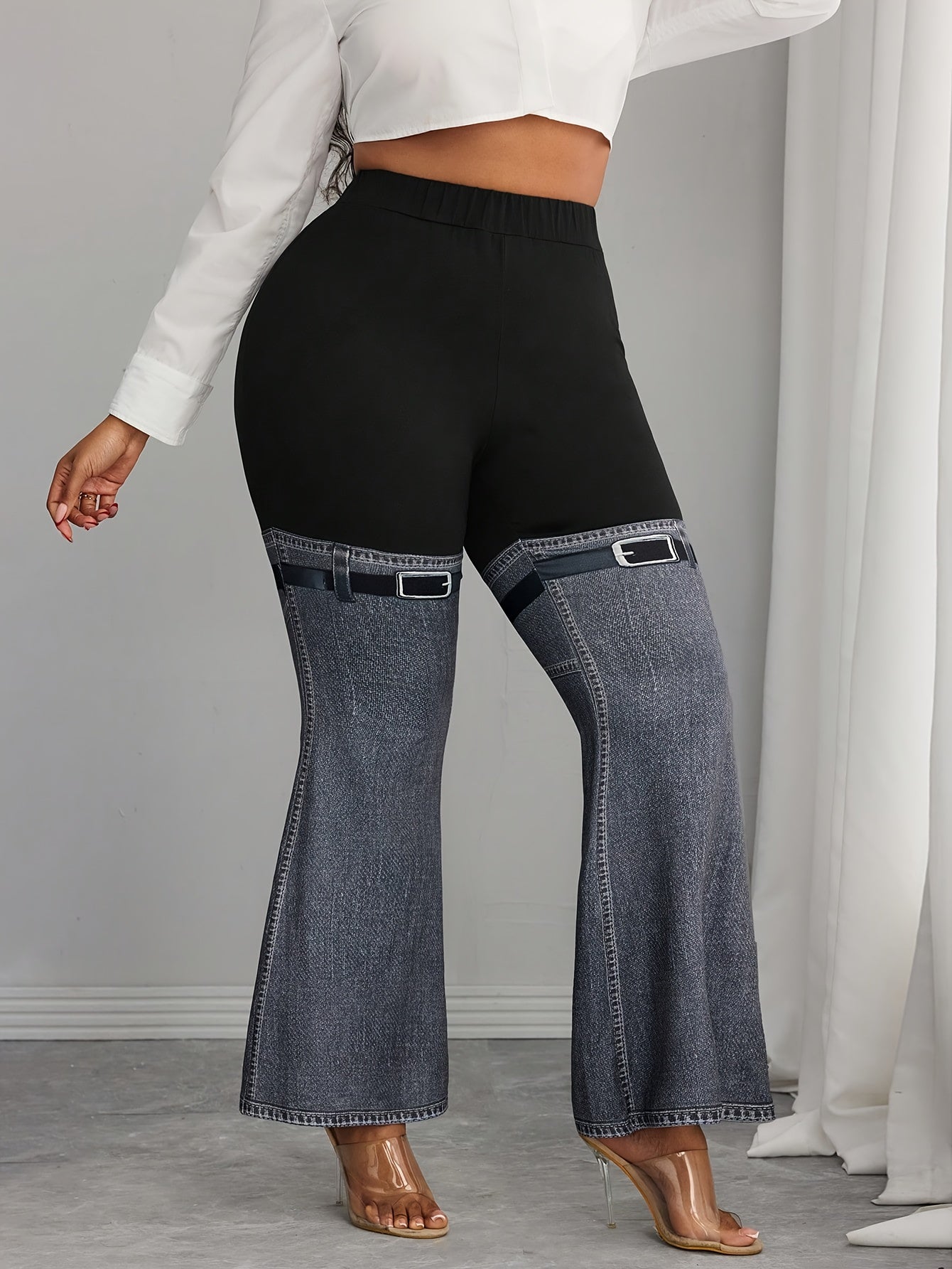 Guy & Dia Western-Inspired Plus Size Women's Imitation Denim Flared Pants | Stretchy Comfort Fit, Machine Washable for Spring Summer Fall Casual & Semi-Formal Outfits, Formal Attire, Flattering Silhouette, Authentic Look