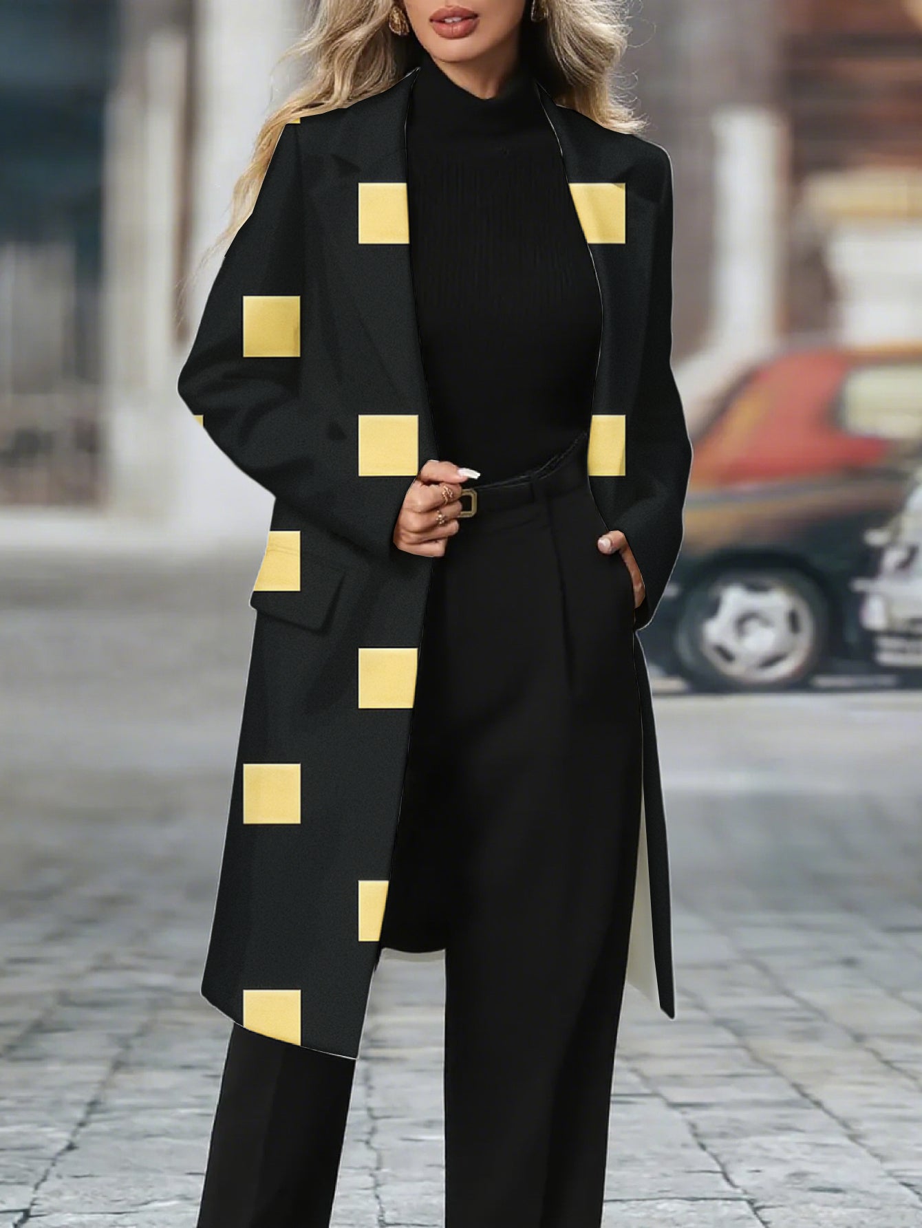 Guy & Dia Plus Size Women's Oversized Long Blazer Jacket - All-Black with Mustard Yellow & Button Front, Golden-Tone Belt-Like Waist Accent (No Belt), Machine Washable Work to Casual Outerwear, Loose Fit Tailored Blazer Coat