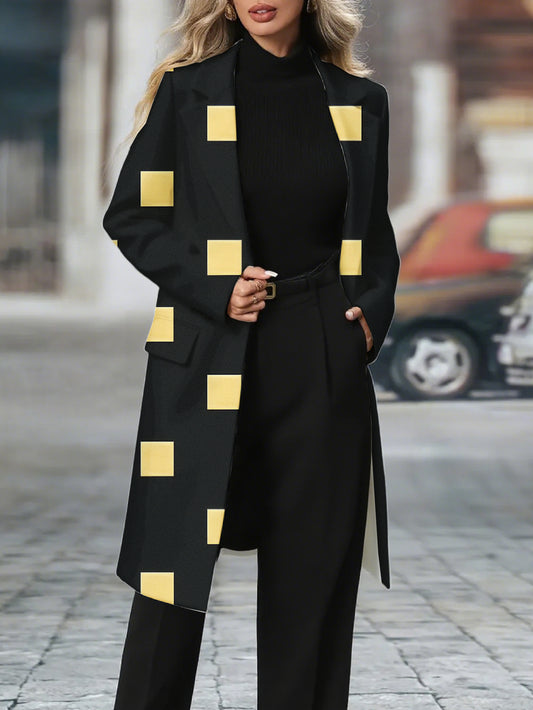 Guy & Dia Plus Size Women's Oversized Long Blazer Jacket - All-Black with Mustard Yellow & Button Front, Golden-Tone Belt-Like Waist Accent (No Belt), Machine Washable Work to Casual Outerwear, Loose Fit Tailored Blazer Coat