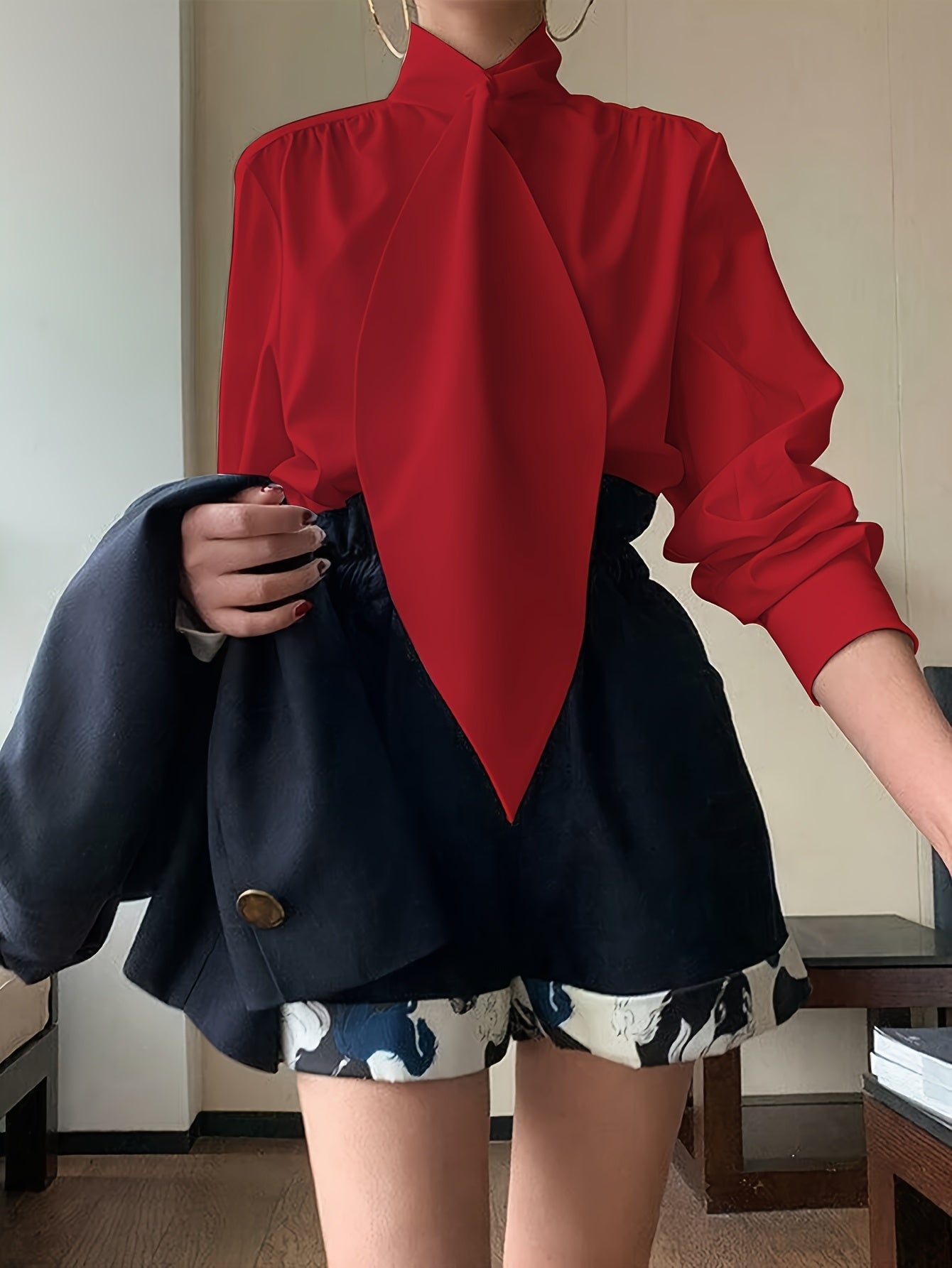 Guy & Dia Elegant Plus Size Blouse for Women - Solid Color Tie Neck Long Sleeve Shirt, 100% Polyester Woven Fabric, Non-Stretch, All Seasons