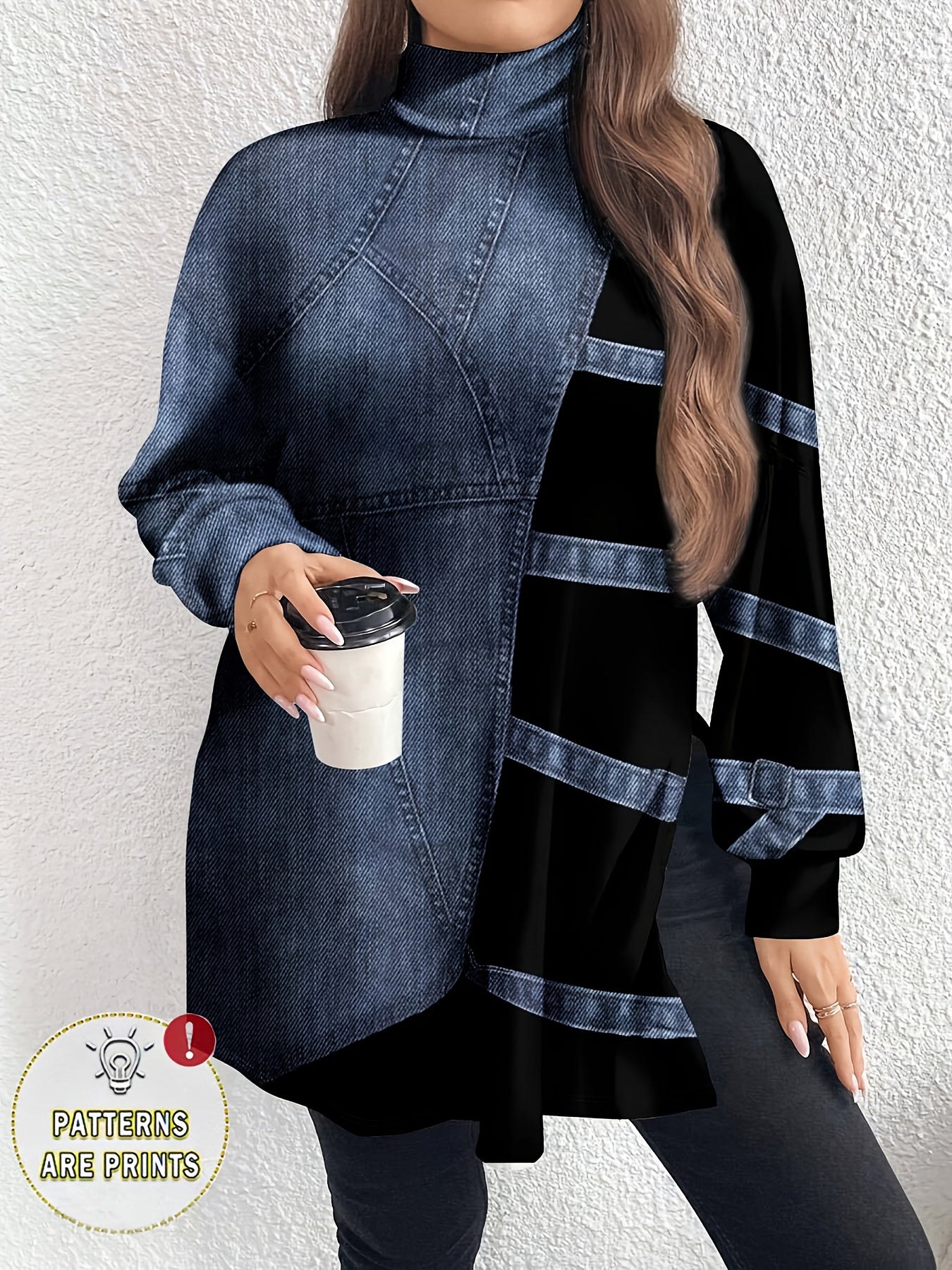 Guy & Dia [Denim Print/Imitation Denim] 's Elegant High-Neck Long Sleeve T-Shirt with Imitation Denim Print & Slit Hem - All-Over White Button-like Panel Jacket-like Collar, Wrinkle-Resistant Blue Wash, Machine Washable Casual to Semi-Formal Blouse