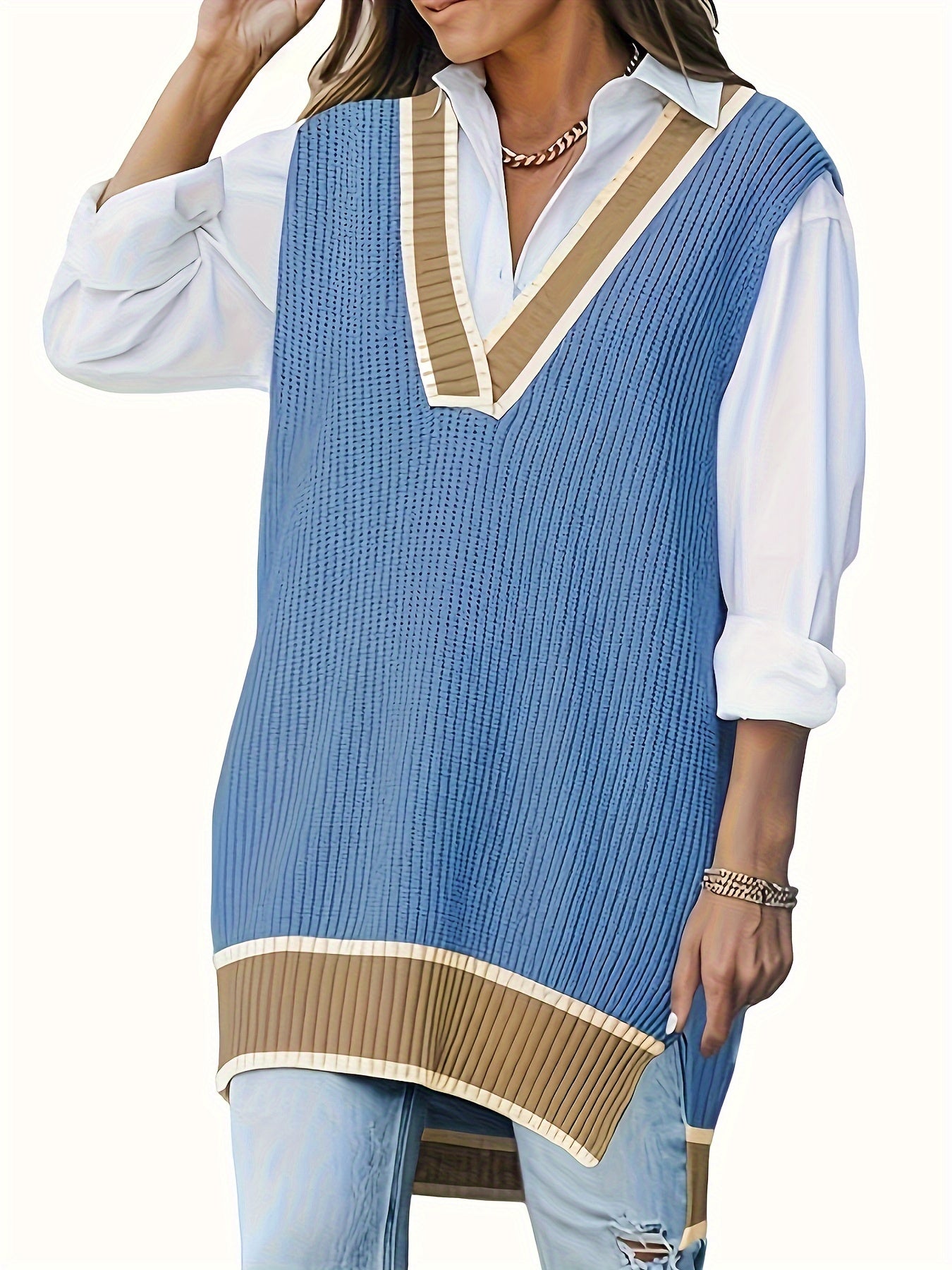 Guy & Dia Elegant Plus Size Women's Sweater Vest | Chic Office to Party Outfit, All-Season Layering Piece in Blue & Beige, Non-Transparent Sweater for Formal/Casual Events