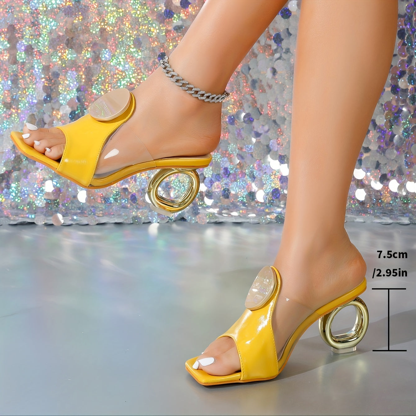 Guy & Dia Elegant Women's High Heel Sandals - Fashionable Square Toe Mules with Transparent Strap & Golden Buckle, Open-Toe Specialty Heels in Multiple Colors, Faux Cover, Perfect for Any Occasion, Chunky Heel Sandals