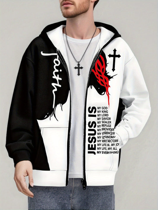 Guy & Dia Men'S Full-Zip Hooded Jacket - Black & White Color Block Zip-Up Coat with Religious Graphic (Jesus is Lord, Faith, Salvation) - Soft Polyester Streetwear Outerwear for Fall/Winter - Urban Chic Swe Coat for Casual Outfits & Religious Events