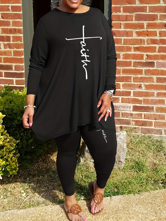 Guy & Dia Plus Size Faith Print Pants Set, Crew Neck Long Sleeve Top & Pants Outfits, Women's Casual Clothing