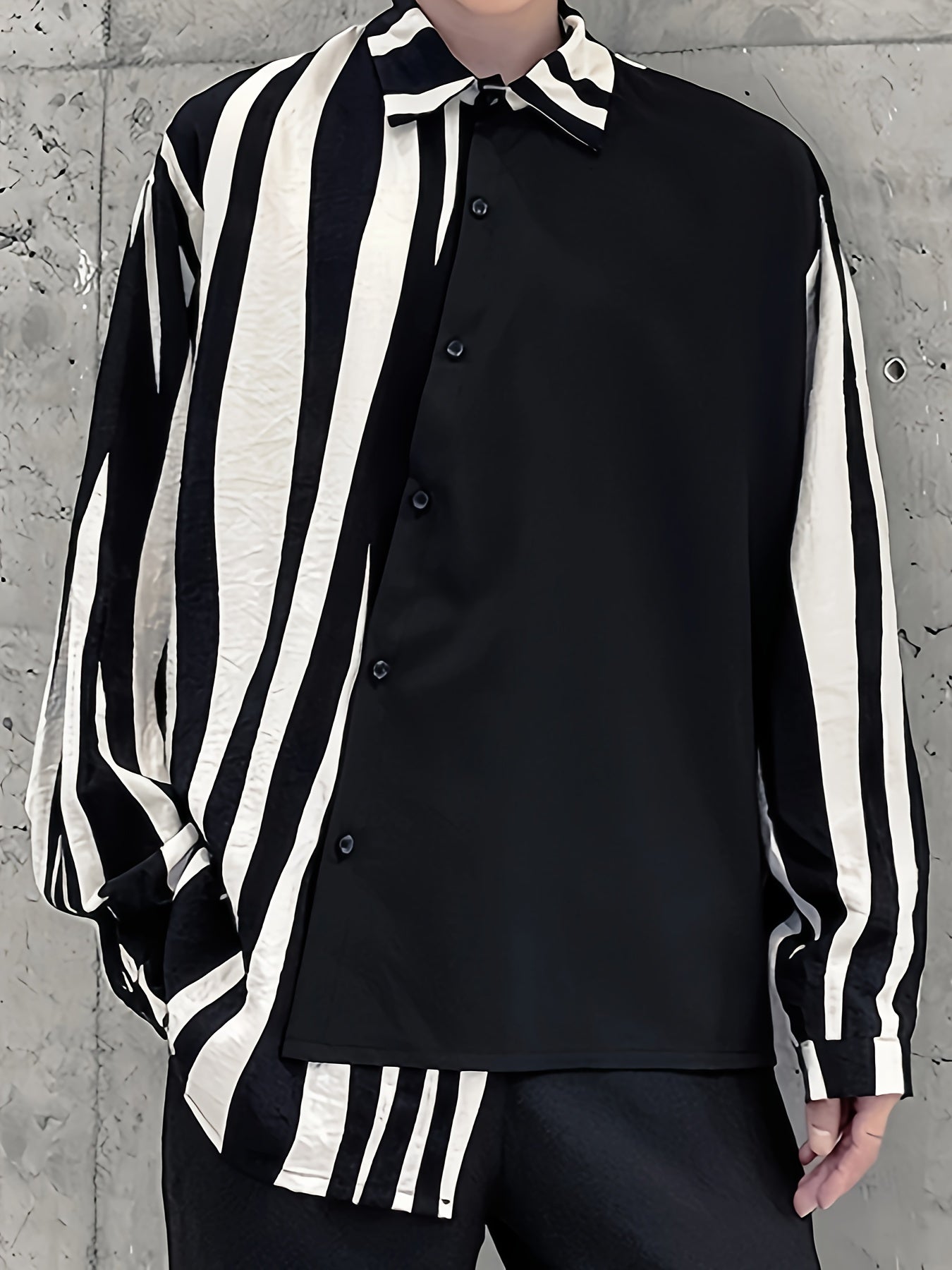 Guy & Dia Men'S Casual Long Sleeve Chemise Shirt, Patchwork Striped Design, 100% Polyester, Non-Stretch Fabric, Regular Fit, Lapel Collar, Irregular Buttons, Spring Season, Sizes S-5XL, Plus Size