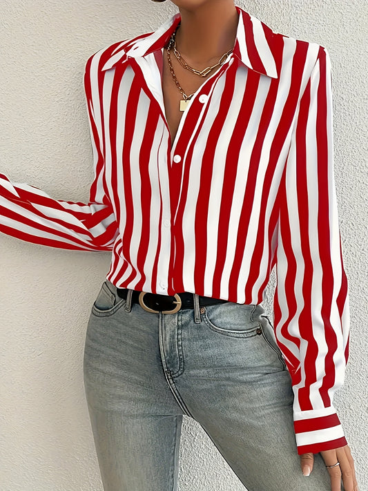 Guy & Dia Large Size Women's Striped Button Front Shirt Elegant Long Sleeve Turnover Shirt Ladies Clothing