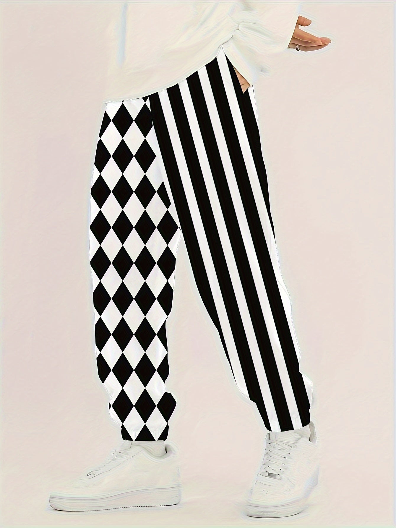 Guy & Dia Men's Black & White Striped Houndstooth Joggers Pants - Full-Body Vertical Stripes (White/Black) with White Piping, Elastic Waist & Cuff, Tapered Leg, Hot Transfer Print, Casual Athletic Pants for Fall/Winter, Parties,