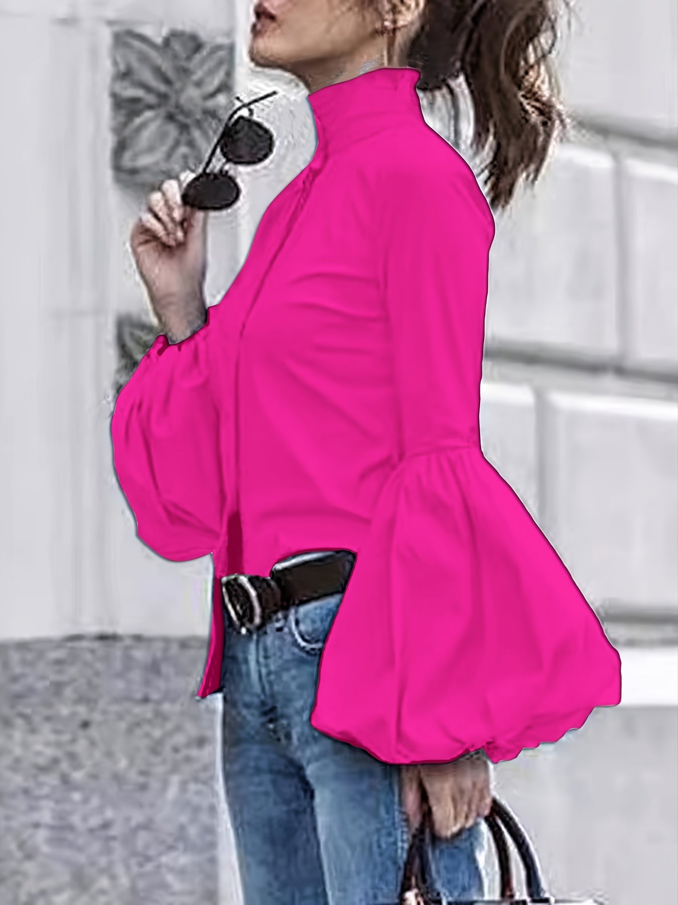 Guy & Dia Urban Chic Women'S High-Neck Blouse with Fluffy Sleeves - Slim Fit, Long-Sleeve, Button-Up Shirt in Solid White - Perfect for Casual or Office Wear