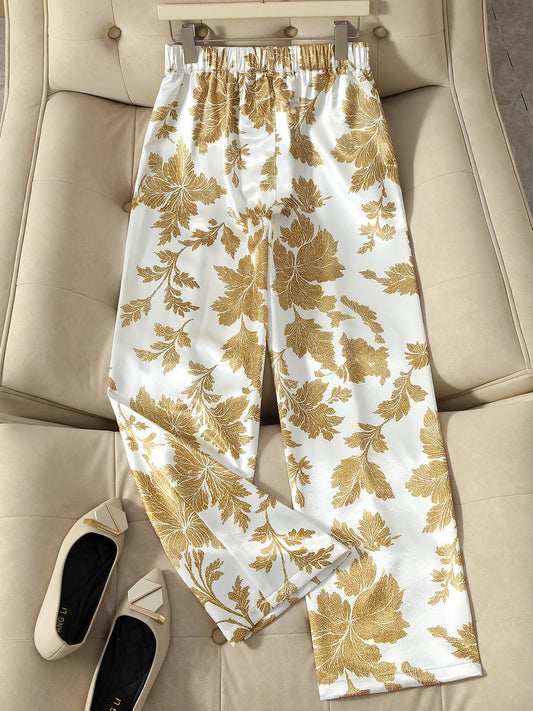 Guy & Dia Women's Luxurious Satin Trousers - Elegant White & Golden Floral Print Wide-Leg Pants with Built-In Zipper, Smooth Full-Length Formal/Office/Wedding Wear, Pockets - Hand Washable Non-Stretch Tailored Suit (No Belt), Formal Pants For Women
